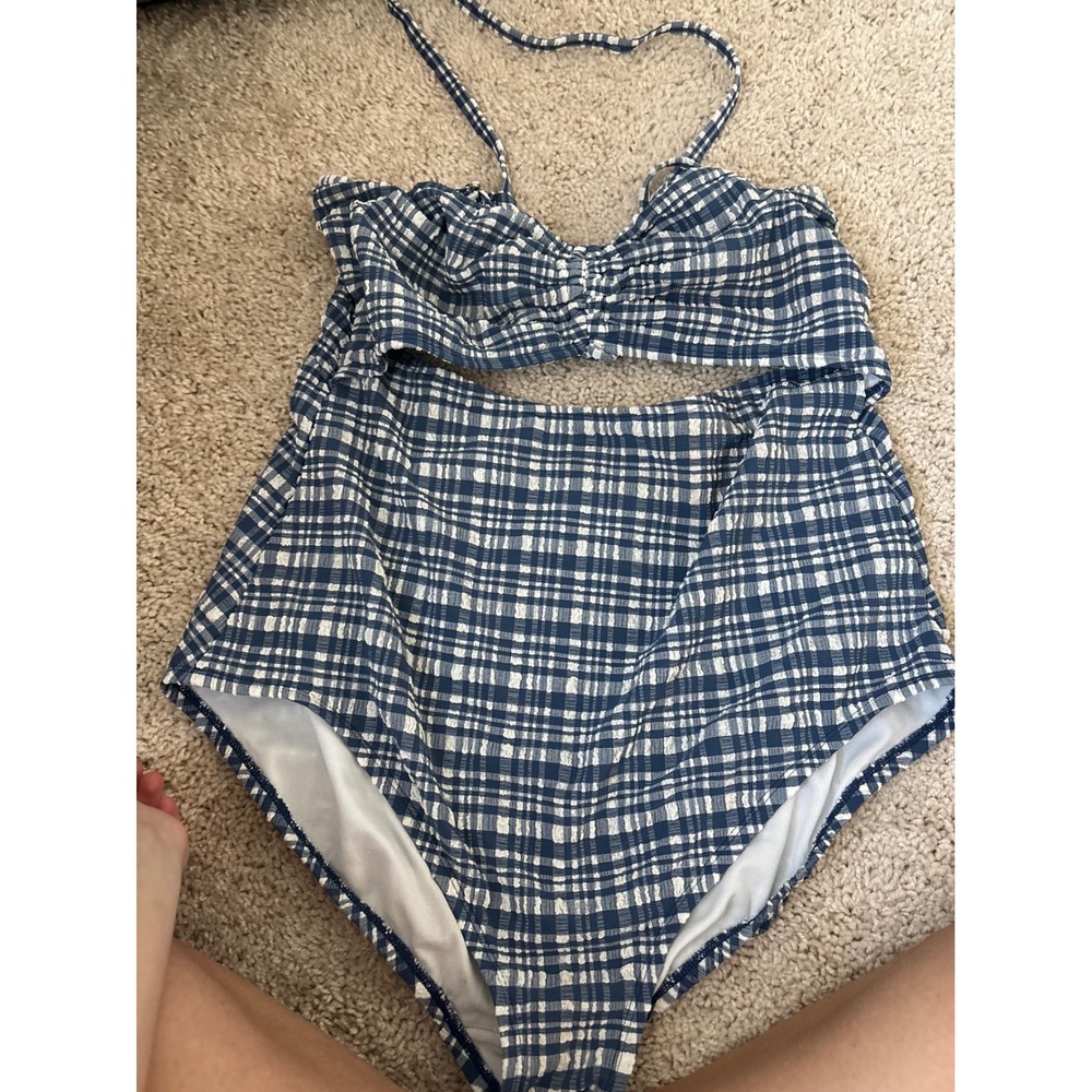 Gingham Seersucker Monokini Time and Tru‎ Blue White Cutout Swimsuit XL 16-18